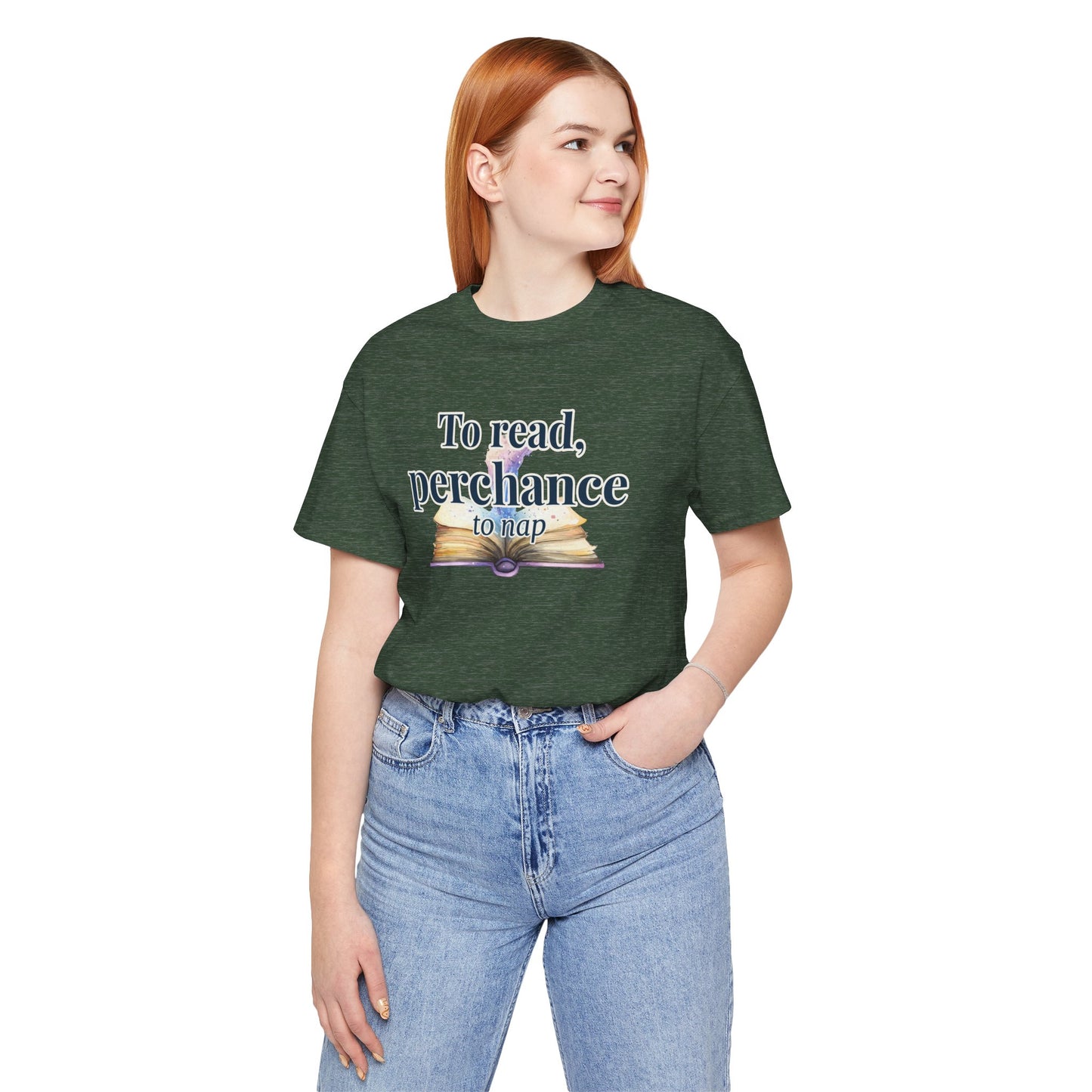 "To Read, Perchance to Nap" on an open book full of magic on a lightweight unisex tee
