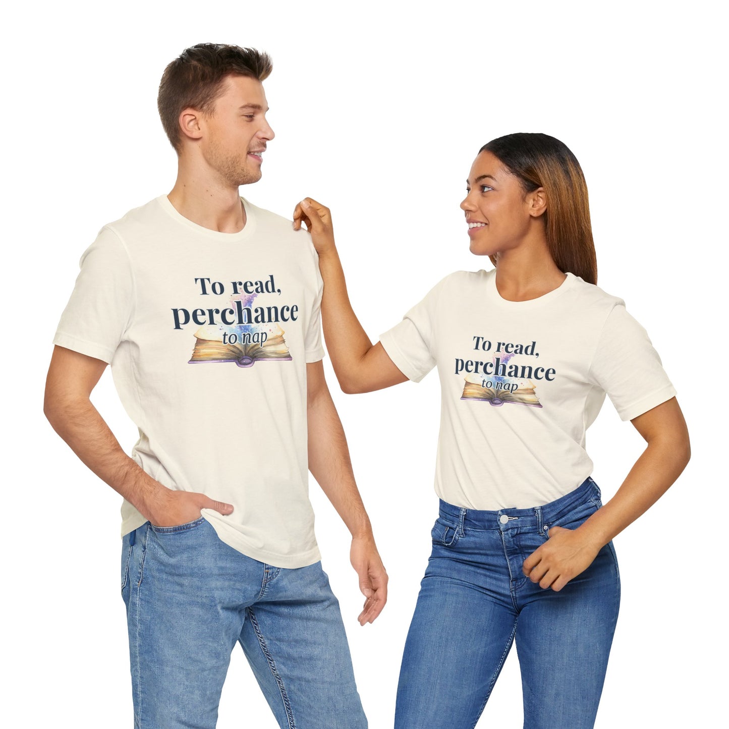 "To Read, Perchance to Nap" on an open book full of magic on a lightweight unisex tee