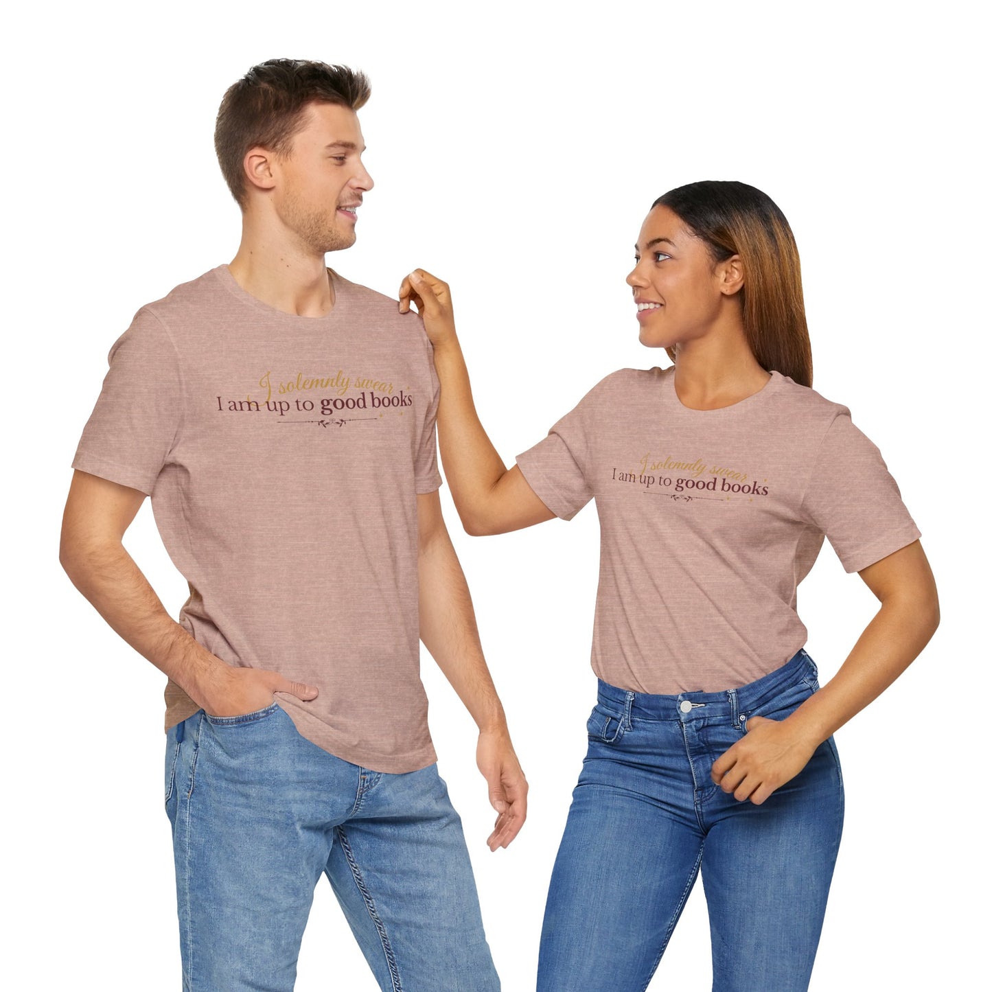 "I solemnly swear I am up to good books"; in a clean and enchanting design on a lightweight unisex tee
