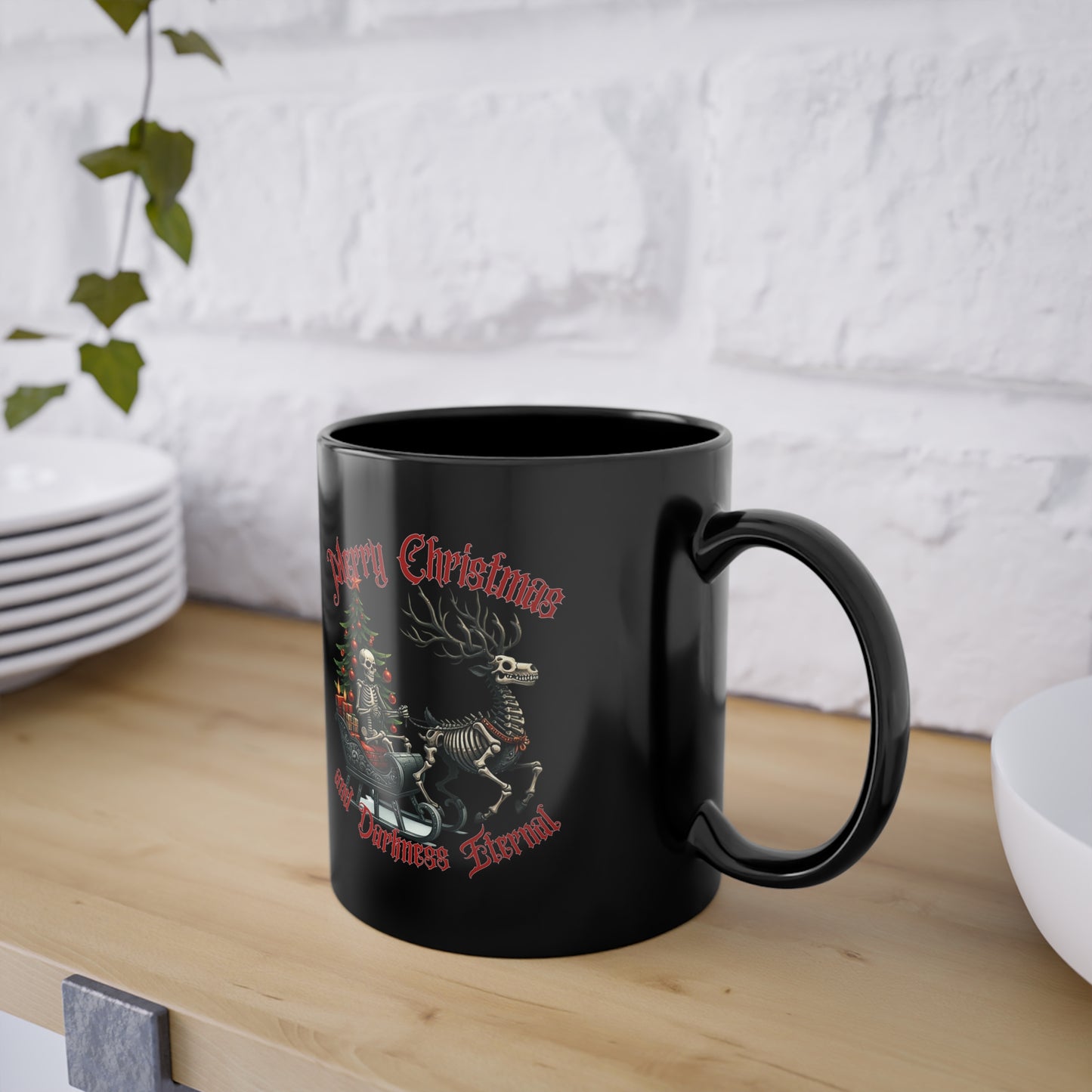 Merry Christmas and Darkness Eternal Black Skeleton Mug