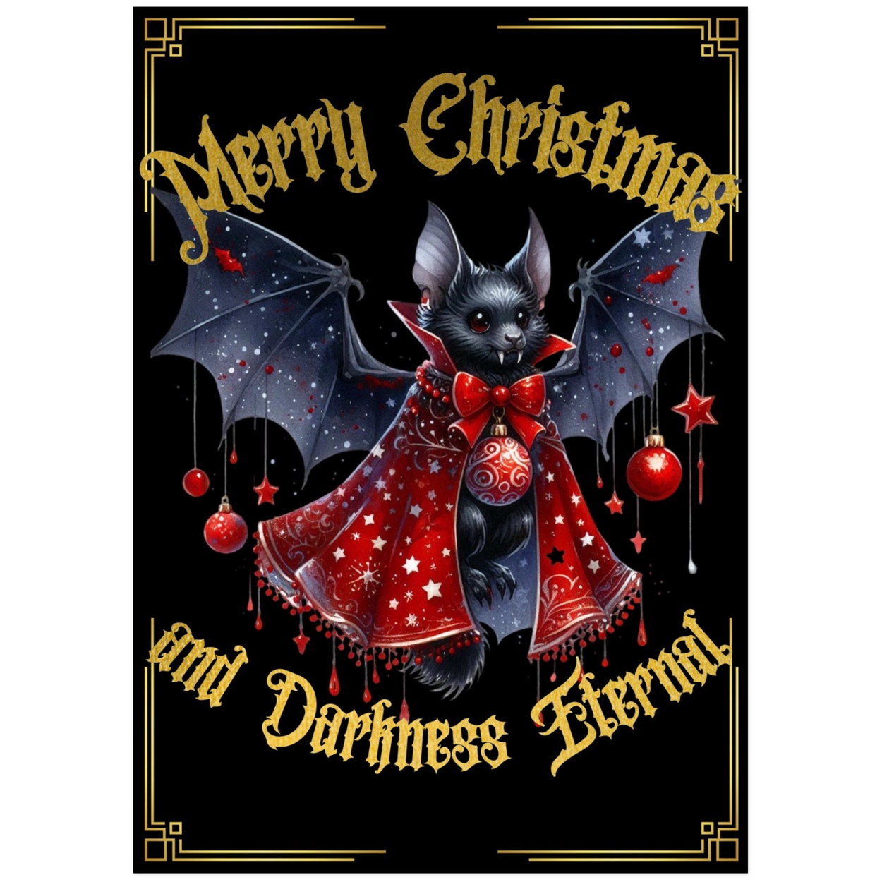 Gothic Christmas card with a bat in a red outfit and ornaments on a black background.
