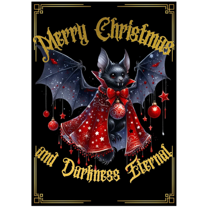 Gothic Christmas card with a bat in a red outfit and ornaments on a black background.