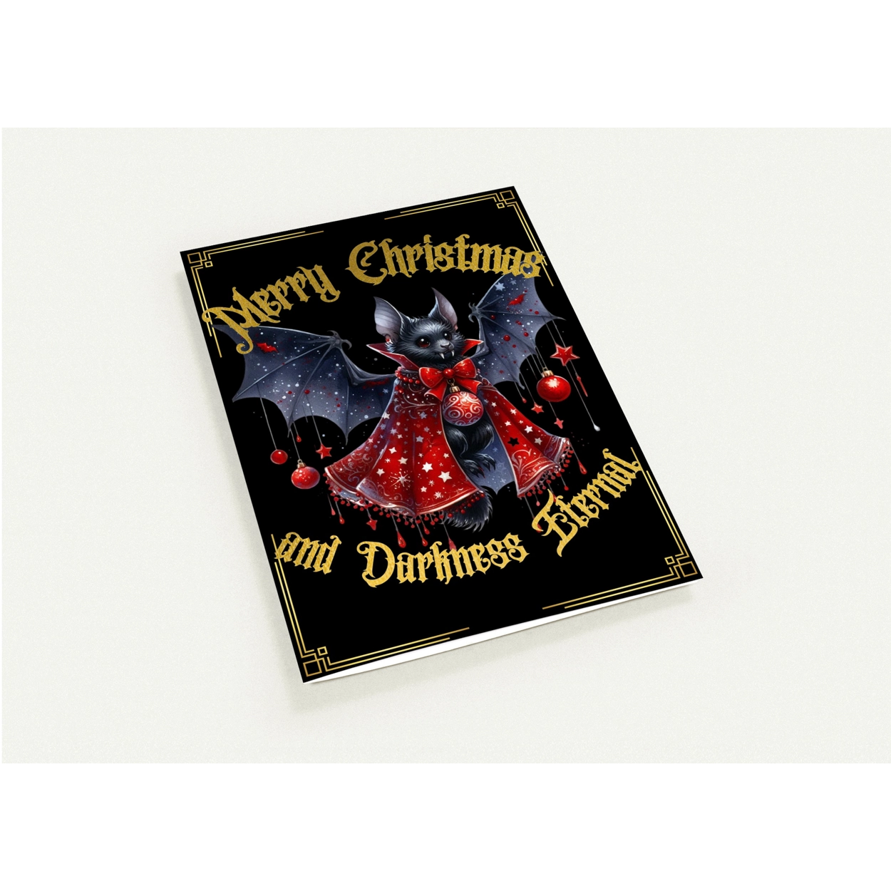 Gothic Christmas card with a bat in a red outfit and ornaments on a black background.