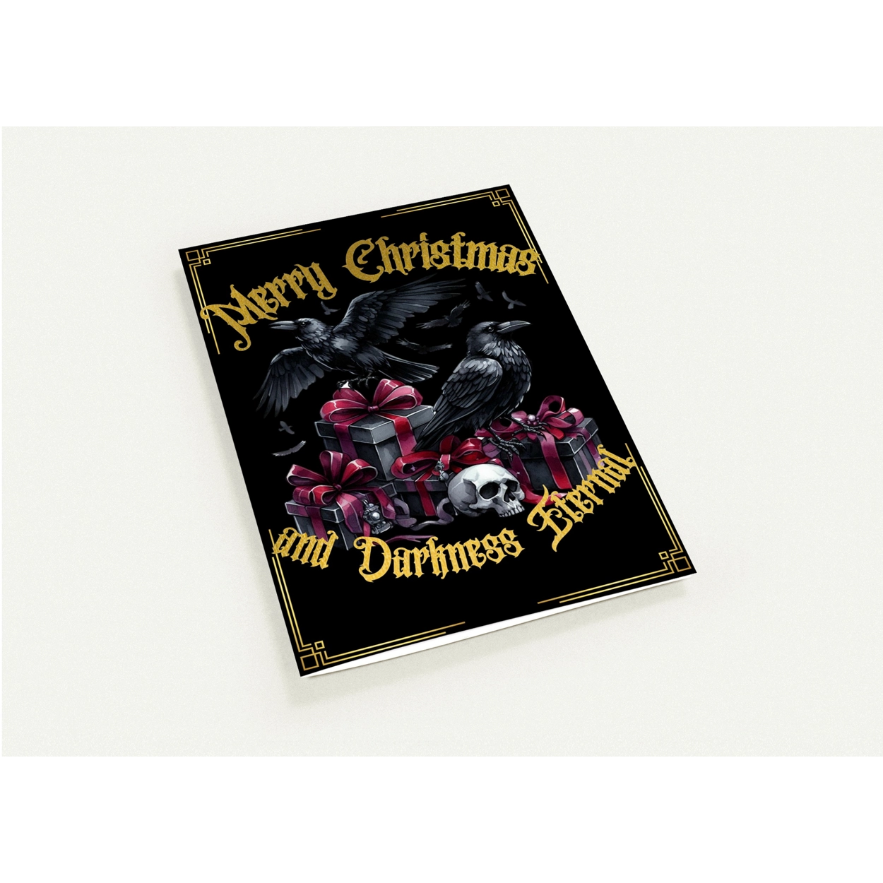 Gothic Christmas card with a ravens, gifts, and skull, with ornaments on a black background.