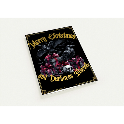 Gothic Christmas card with a ravens, gifts, and skull, with ornaments on a black background.