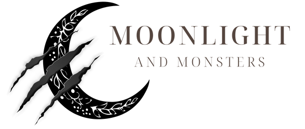 Logo with 'Moonlight and Monsters' text and claw marks on a black background