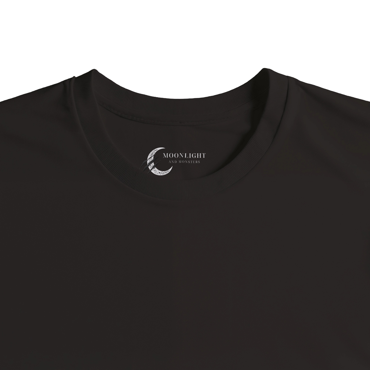 Black t-shirt with a logo on the collar against a white background