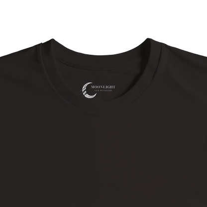 Black t-shirt with a logo on the collar against a white background